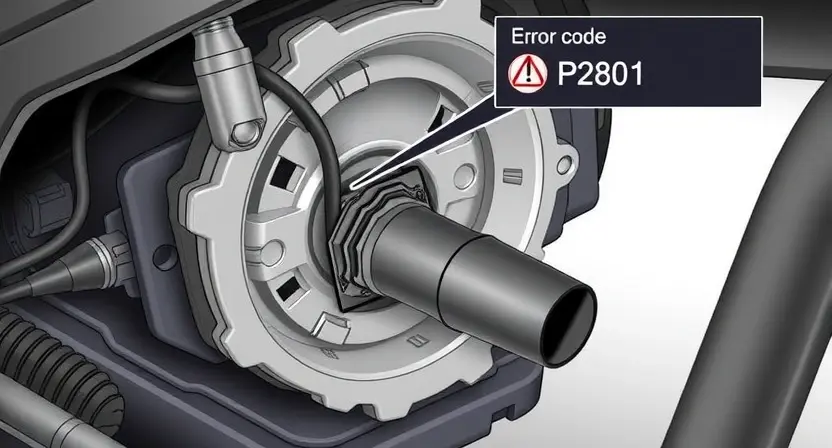 A detailed illustration of a car's transmission sensor, highlighting the sensor itself, wiring connections, and the diagnostic interface displaying error code P2801. The background should be a clean, technical environment.