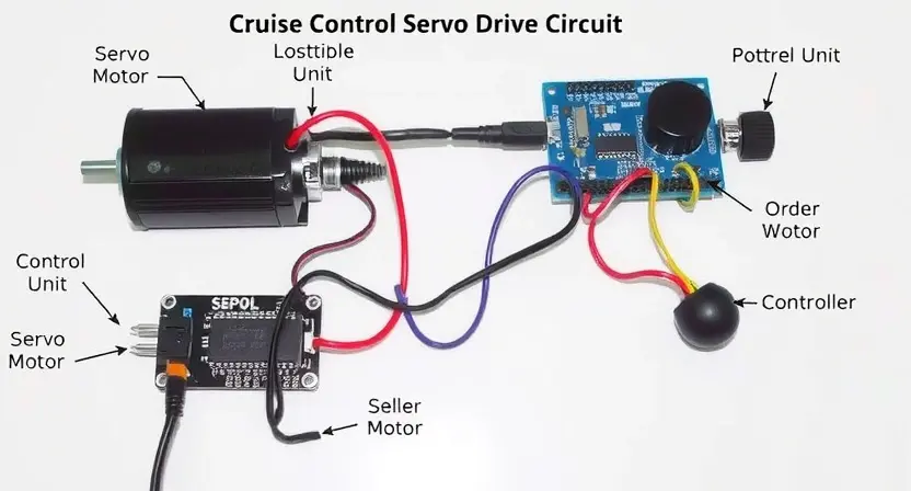 A detailed technical illustration of a cruise control servo drive circuit. The image should focus on the components like the servo motor, potentiometer, control unit, and wiring. The components should be clearly labeled with their functions. The background should be a clean, white surface.
