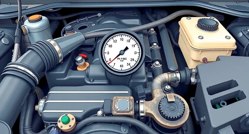 A detailed illustration of a car engine bay, focusing on the oil pressure gauge and surrounding components. The engine should be partially disassembled, revealing some mechanical parts. The image should convey a sense of technical complexity and potential issues.