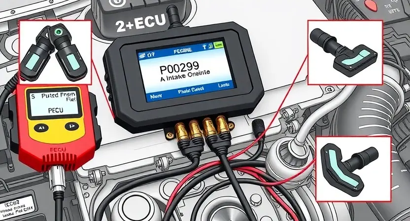 A detailed illustration of an automotive engine control unit (ECU) with various diagnostic tools connected. Focus on the ECU's display showing a P0209 error code. Include visual representations of related engine components like the intake manifold and sensors.