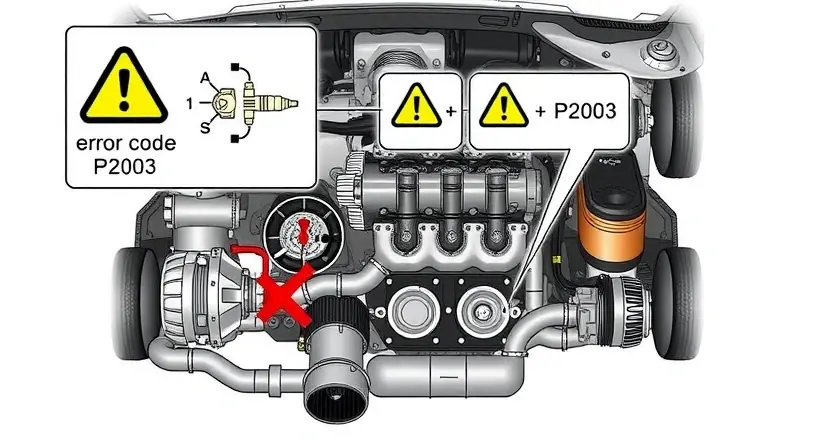 A detailed technical illustration showing a car engine with highlighted mechanical components such as fuel pump, injectors, and exhaust system, overlaid with schematic diagrams and warning signs indicating error code P2003, clean white background, high quality, 832x448 resolution