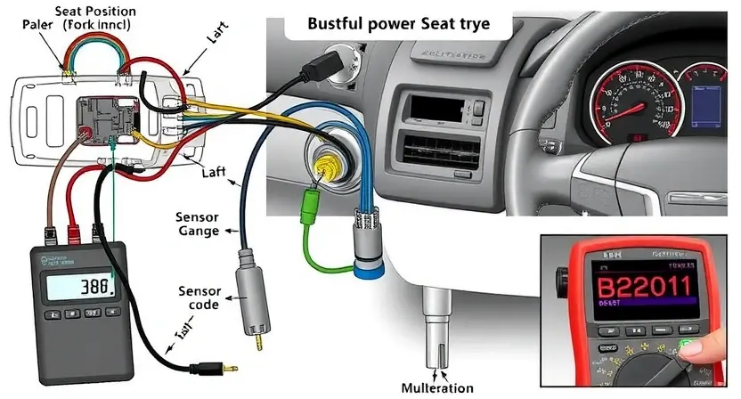 A detailed technical illustration of a car seat position sensor circuit, showing wiring, connectors, and sensor components with labeled parts, diagnostic tools like a multimeter probing the circuit, and a vehicle dashboard displaying error code B2201, all in a clean, professional automotive repair manual style