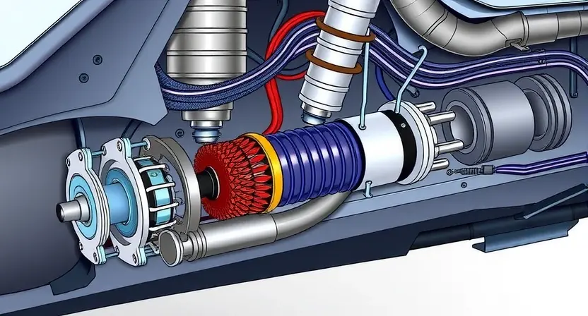 A detailed illustration of a car's suspension system, specifically highlighting the adaptive shock absorber and its associated wiring harness. The image should clearly show the components of the shock absorber and the wiring connecting it to the car's control unit. Focus on the internal mechanisms of the shock absorber, suggesting a potential malfunction. The overall aesthetic should be technical and informative, suitable for a repair manual or diagnostic guide.