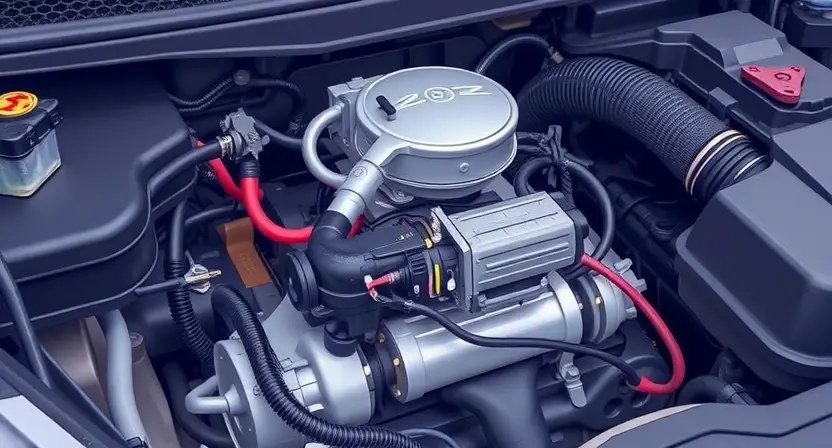 A detailed illustration of a car's engine bay, focusing on the pressure control solenoid. The solenoid should be clearly visible, with wires and hoses connected. Show potential causes of the error, such as a damaged solenoid, a faulty sensor, or a blocked hose, subtly integrated into the background. Use realistic lighting and textures to depict the engine components.
