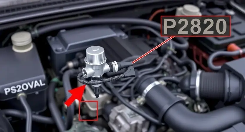 A detailed illustration of a car's engine bay, focusing on the solenoid control valve for pressure. The solenoid should be clearly visible, with wires and hoses connected. Include a visual representation of the P2820 error code displayed on a dashboard or diagnostic screen. The background should be slightly blurred to emphasize the engine components.