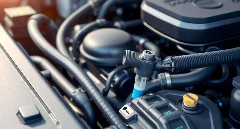A close-up, detailed illustration of a car engine bay with a focus on the engine coolant temperature sensor. The sensor should be clearly visible, along with surrounding hoses and components. The overall lighting should be bright and clean, highlighting the mechanical details. The background should be slightly blurred to emphasize the sensor. The image should convey a sense of precision and technical accuracy.