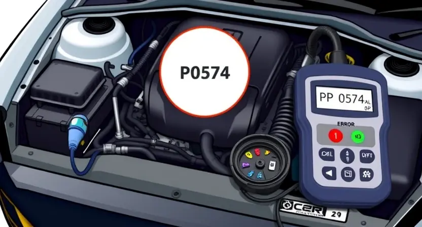 A detailed illustration of a car's engine bay with a diagnostic tool connected to the engine's computer. The image should clearly show the P0574 error code displayed on a screen. Focus on the technical aspects of car diagnostics.