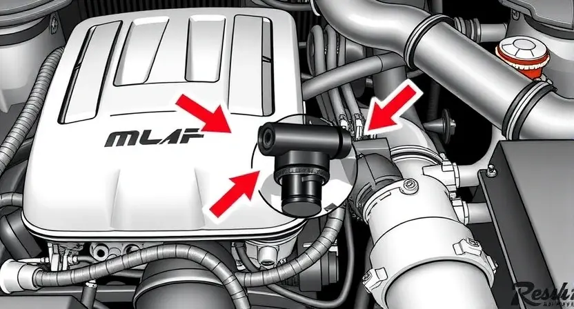 A detailed illustration of a car engine with a focus on the mass airflow sensor (MAF sensor). The sensor should be clearly visible, with arrows pointing to its location within the engine bay. Include surrounding engine components like intake manifold and air filter housing. The overall image should convey a sense of technical precision and clarity, suitable for a repair manual.