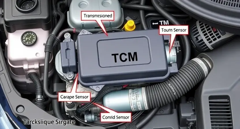 A detailed illustration of a car's engine bay, focusing on the transmission control module (TCM) and related wiring. The TCM should be clearly visible, with associated sensors and connectors highlighted. The background should be slightly blurred to emphasize the TCM.