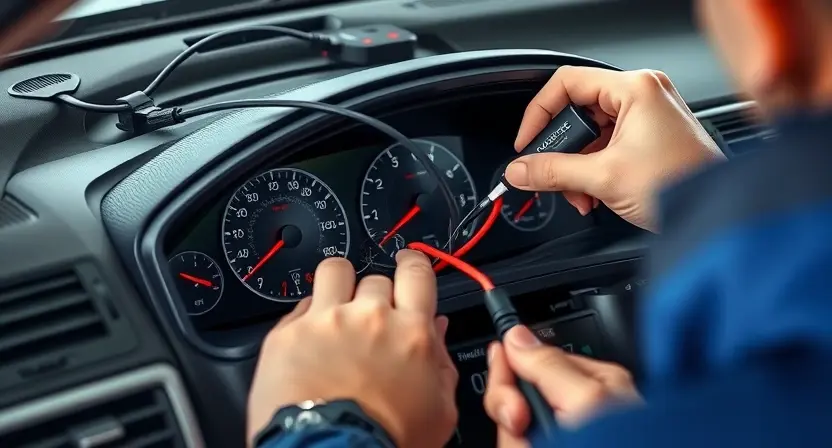 A professional automotive repair scene showing a technician inspecting and replacing wiring harnesses and connectors on a car's instrument cluster, with clear focus on cable connections and diagnostic tools, no text or numbers visible