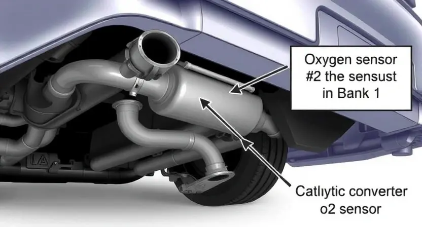 A detailed illustration of a car's exhaust system, specifically highlighting the oxygen sensor (O2 sensor) located in Bank 1. The image should clearly show the sensor's position relative to the exhaust manifold and catalytic converter. Include labels pointing to the sensor and the relevant parts of the exhaust system. Focus on a clean, technical depiction suitable for a repair manual.