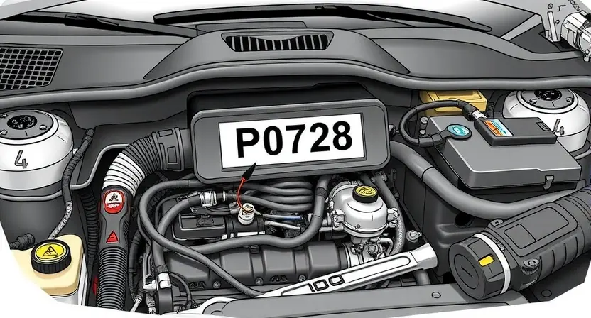 A detailed illustration of a car's engine bay with a diagnostic code P0728 highlighted on a dashboard display. The engine should be partially visible, showcasing various components like hoses, wires, and sensors. A wrench and diagnostic tool are placed near the display.