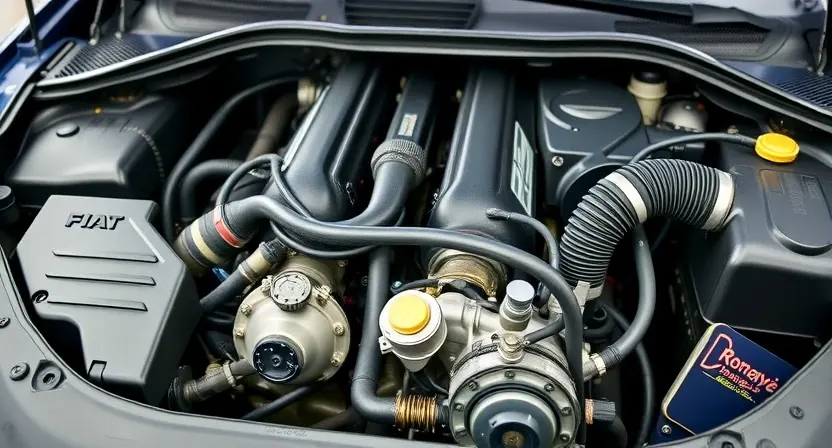 A detailed, realistic image of a Fiat and Alfa Romeo car engine bay. Focus on the engine components, hoses, and wiring. The engine should appear clean and well-maintained. The background should be slightly blurred, suggesting a professional automotive service environment. The lighting should be bright and even, highlighting the details of the engine.