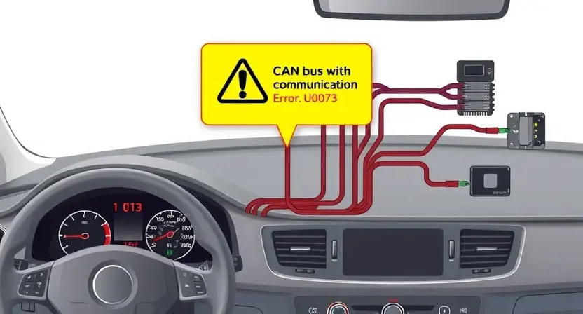 A technical illustration showing a vehicle's CAN bus network with a warning sign indicating loss of communication, featuring a dashboard display with error code U0073, wiring harnesses, and electronic control units, rendered in high quality and detailed technical style