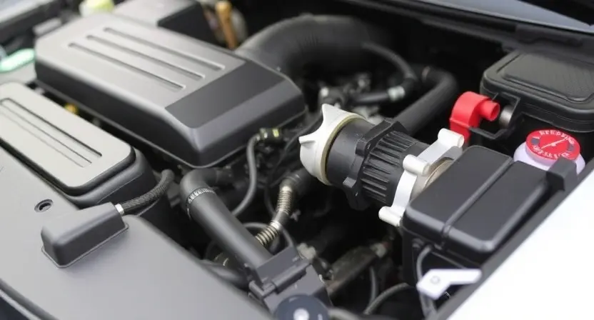 A close-up shot of a car's engine bay, focusing on the engine temperature sensor and related components. The engine should appear clean and well-maintained. Subtle visual cues suggesting a potential temperature issue (e.g., a slightly warmer-toned component) can be included.