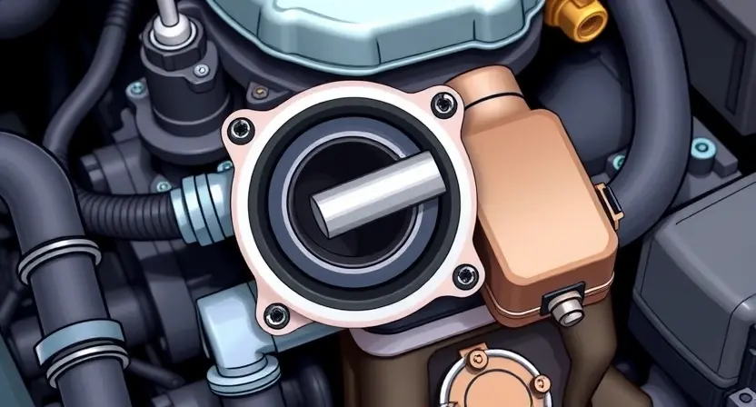A detailed illustration of an internal combustion engine's intake manifold with a focus on the throttle body. The throttle body is depicted with a partially obstructed valve, indicating a blockage. The surrounding components should be clearly visible, showing the airflow path. The overall image should convey a sense of mechanical complexity and potential malfunction. Use realistic colors and textures to represent the engine parts.