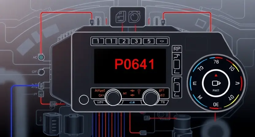 A detailed technical diagram of an automotive engine control unit (ECU) with highlighted circuitry showing a fault code P0641, represented by a subtle red warning indicator on a digital dashboard, no text or labels visible