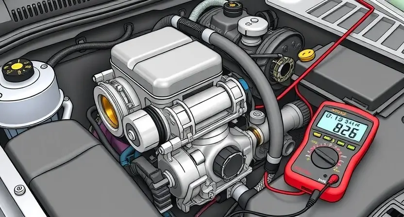 A detailed illustration of a car engine bay, focusing on the throttle body and related components. The throttle body should be clearly visible, with hoses and sensors connected. The engine should be in a slightly angled perspective, showing the overall layout. Include diagnostic tools and a multimeter near the throttle body, suggesting a troubleshooting scenario.