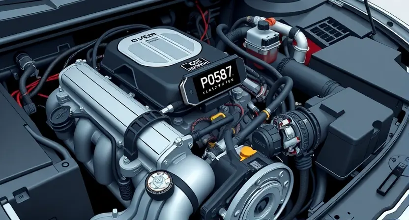 A detailed illustration of a car's engine bay with a diagnostic code reader displaying 'P0587'. Focus on the engine components, wiring, and the code reader. The background should be slightly blurred to emphasize the engine.
