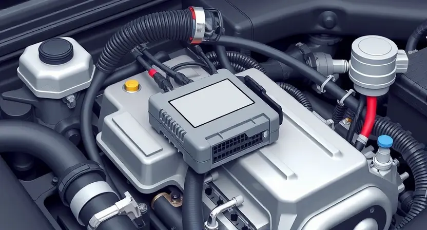 A close-up, detailed illustration of an automotive engine bay. Focus on the ignition system components, specifically the glow plug control module and wiring harness. Show the module connected to the engine, with visible wires and connectors. The overall scene should be clean and well-lit, emphasizing the technical aspects of the components.