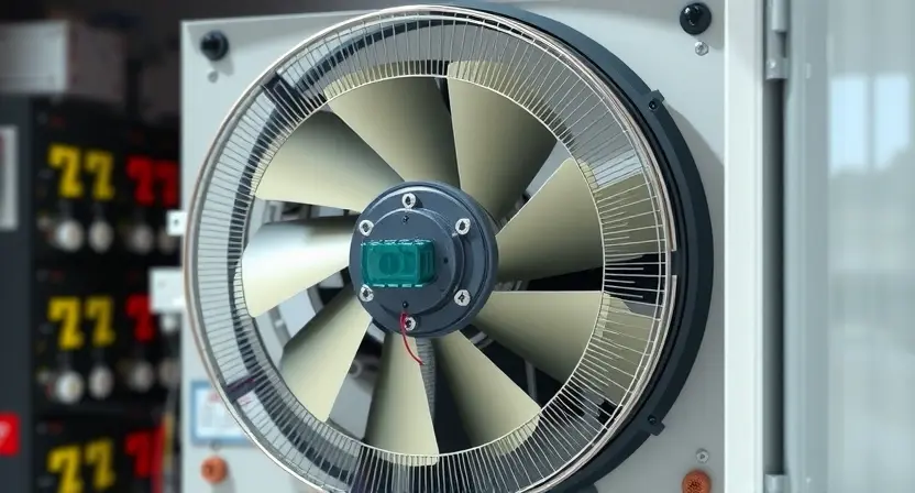 A detailed, realistic depiction of a high-voltage cooling fan inside an electrical equipment cabinet. Focus on the fan's internal components, including the blades, motor, and any visible wiring or cooling fins. The background should show a blurred electrical cabinet interior with other components. The lighting should highlight the fan's mechanics and construction.