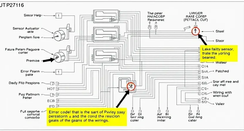 A detailed schematic diagram illustrating the P2716 error code in a vehicle's engine control unit (ECU). The diagram should show the relevant sensors, actuators, and wiring related to the issue, with highlighted areas indicating potential problem zones. Include visual cues representing the error code and its possible causes (e.g., faulty sensor, wiring issue, or software glitch).
