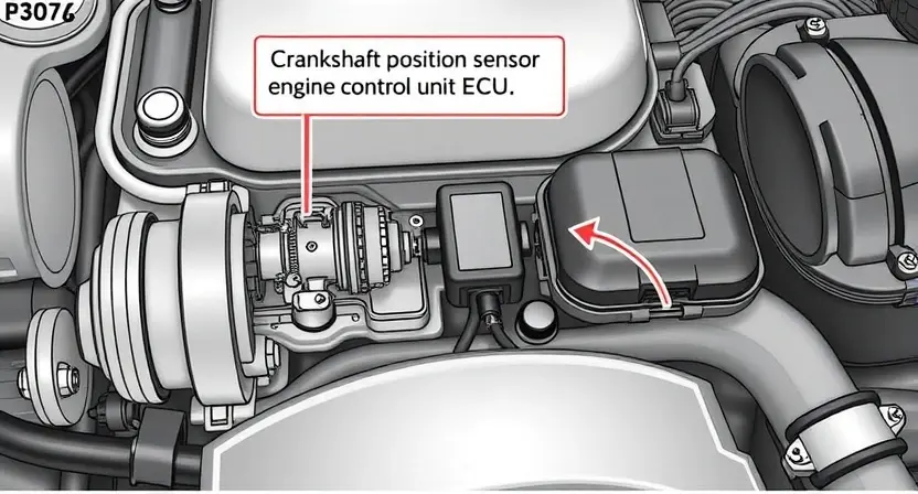 A detailed diagram illustrating the P3076 error in a car engine. The diagram should show the crankshaft position sensor, the engine control unit (ECU), and the wiring harness connecting them. Highlight the sensor and ECU with clear labels and arrows indicating the data flow. Use a clean, technical illustration style with realistic component depictions. Focus on the physical components and their relationships.