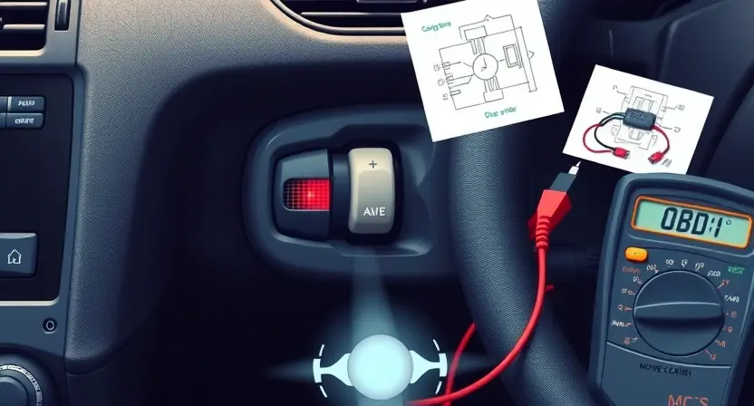 A close-up of a car's interior dashboard showing a malfunctioning window control button with a warning light illuminated, surrounded by diagnostic tools like a multimeter and OBD-II scanner, with subtle wiring diagrams floating in the background, all rendered in a clean, technical, high-detail style suitable for an automotive repair guide