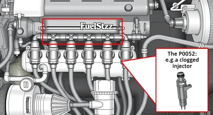 A detailed illustration of a fuel injection system with a focus on the fuel rail, injectors, and pressure regulator. The image should clearly show the components and their connections. Include a visual representation of the P0252 error code and its potential cause (e.g., a clogged injector).