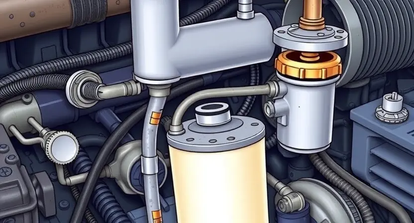 A detailed illustration of a fuel system low-pressure issue, focusing on worn components like fuel lines, fuel pump, and fuel filter. The image should depict the wear and tear, showing cracks, leaks, and general degradation. The background should be a clean, technical environment, possibly a workshop or engine bay.