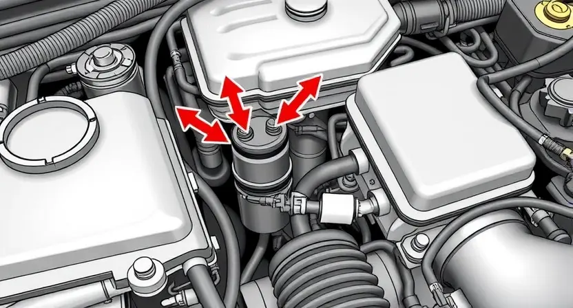 A detailed illustration of an automotive engine bay, focusing on the intake valve solenoid and its associated wiring harness. The solenoid should be clearly visible, with arrows indicating the wiring connections. The surrounding components should be realistically rendered, showing the overall complexity of the engine compartment. The image should convey a sense of technical accuracy and clarity, suitable for a repair manual.