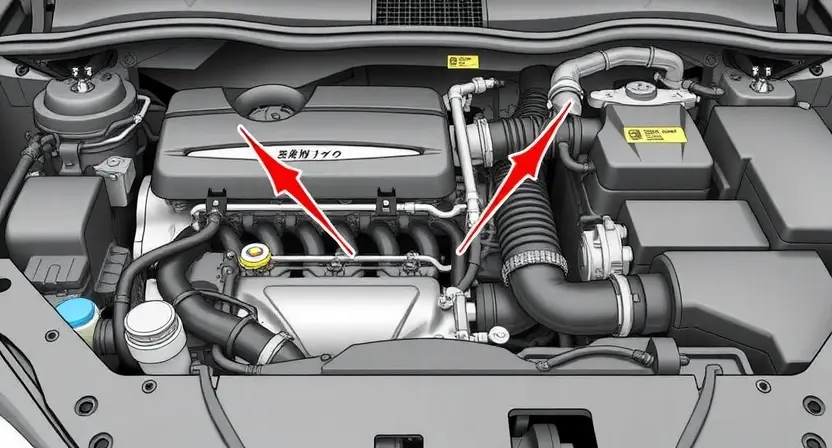 A detailed illustration of a car engine bay, focusing on the PCV valve and its associated hoses and connections. The engine should be clean and well-lit, showcasing the components clearly. Include arrows indicating the airflow path through the PCV system.