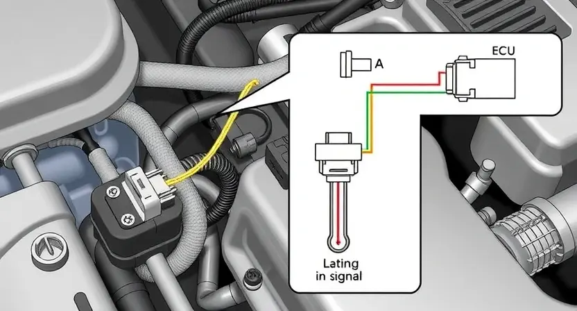 A detailed illustration of a car's engine bay, focusing on the throttle position sensor and its wiring. The sensor should be clearly visible, along with the associated wiring harness and connector. Show potential signs of a low signal, such as a slightly disconnected or corroded wire. Include a schematic diagram in the background illustrating the sensor's function and connection to the engine control unit (ECU).