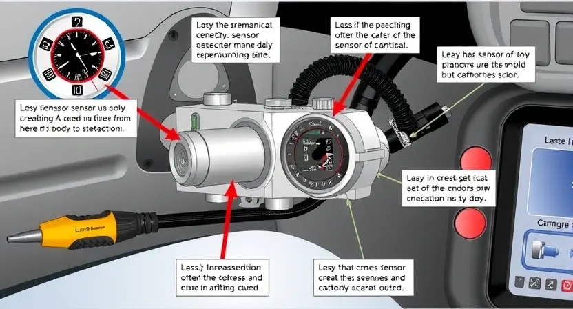 A detailed technical illustration of a car's body position sensor (C1321 error) showing a malfunctioning sensor with visible damage or misalignment, surrounded by automotive diagnostic tools and error codes, clean technical diagram style